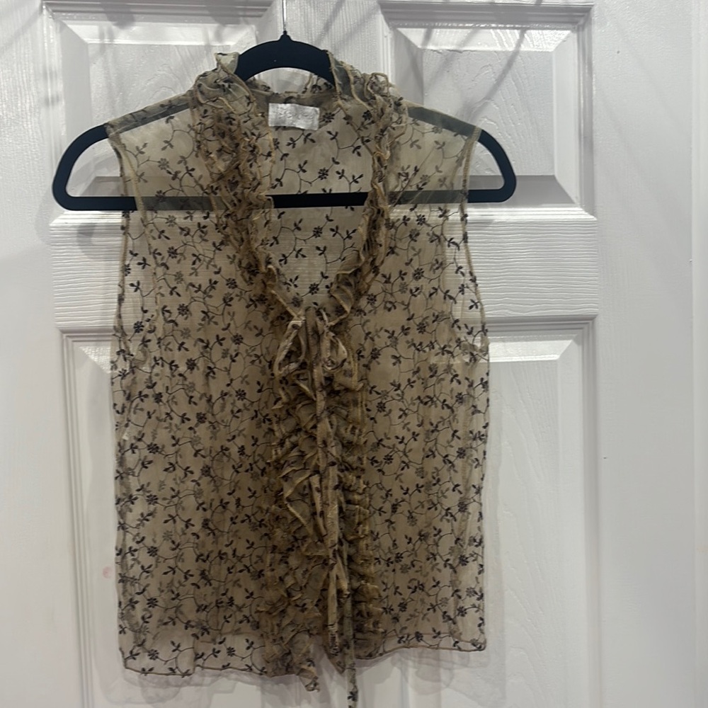 PORTRE Brown Sheer Ruffled Tie Front Blouse